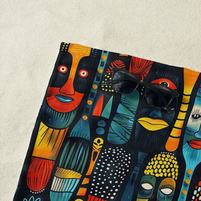 African tribal pattern with idols. beach towel (In Situ)