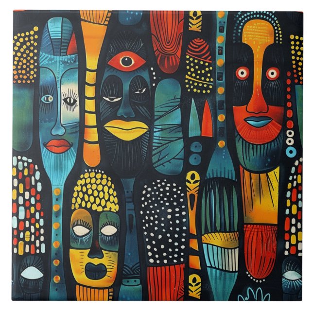 African tribal pattern with idols. ceramic tile (Front)