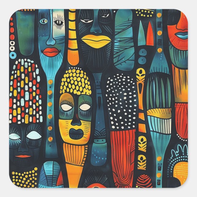 African tribal pattern with idols. square sticker (Front)