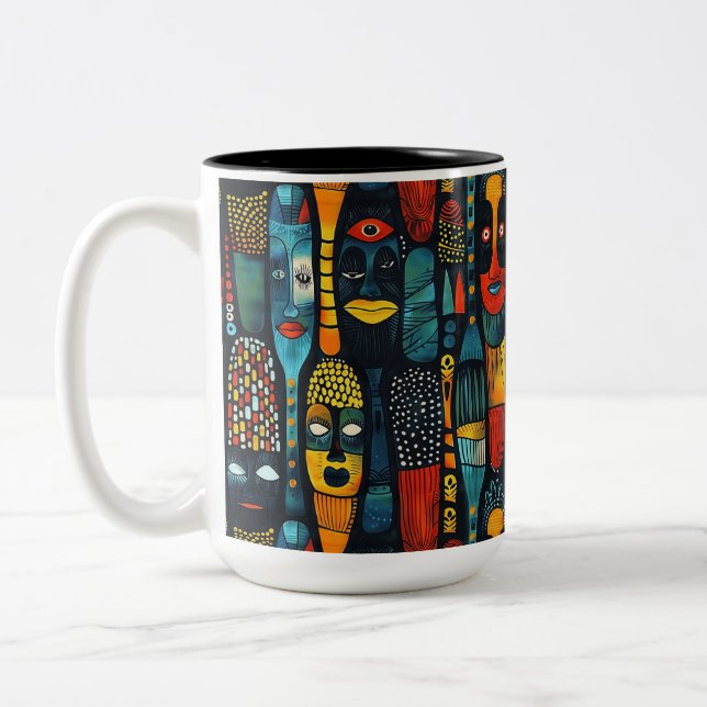 African tribal pattern with idols. Two-Tone coffee mug (Left)