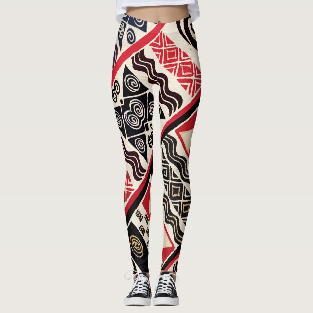 African Tribal Red Black Leggings (Front)