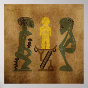 African tribal rock carving ritual scene poster