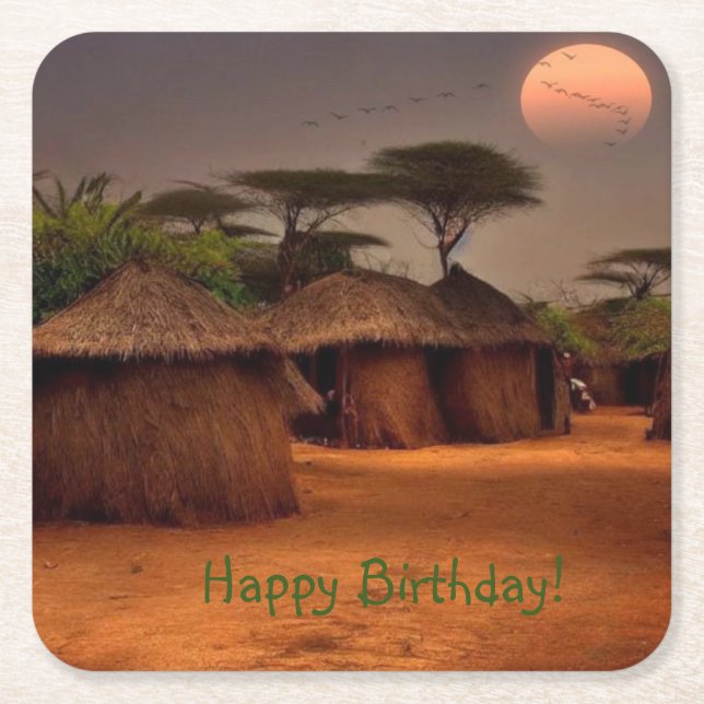 African Village Square Paper Coaster (Front)