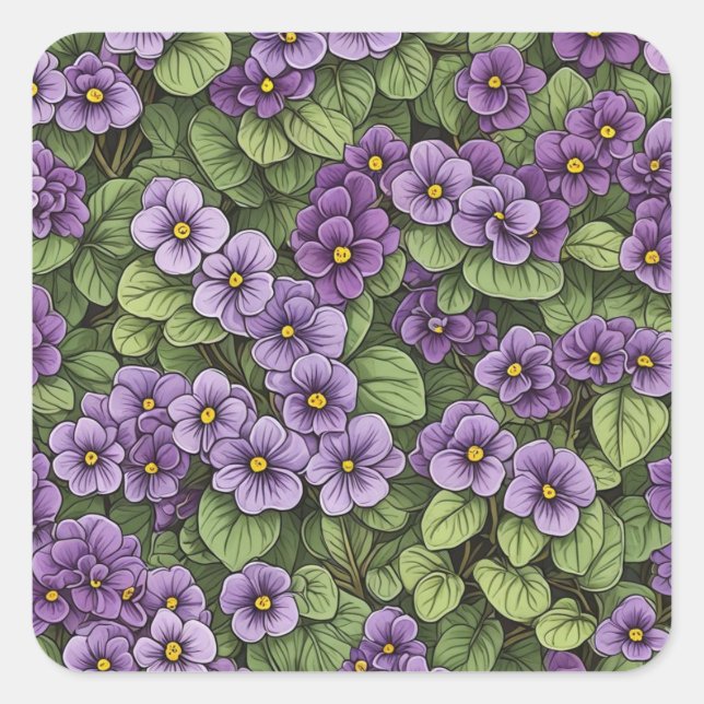 African Violet flowers pattern Square Sticker (Front)