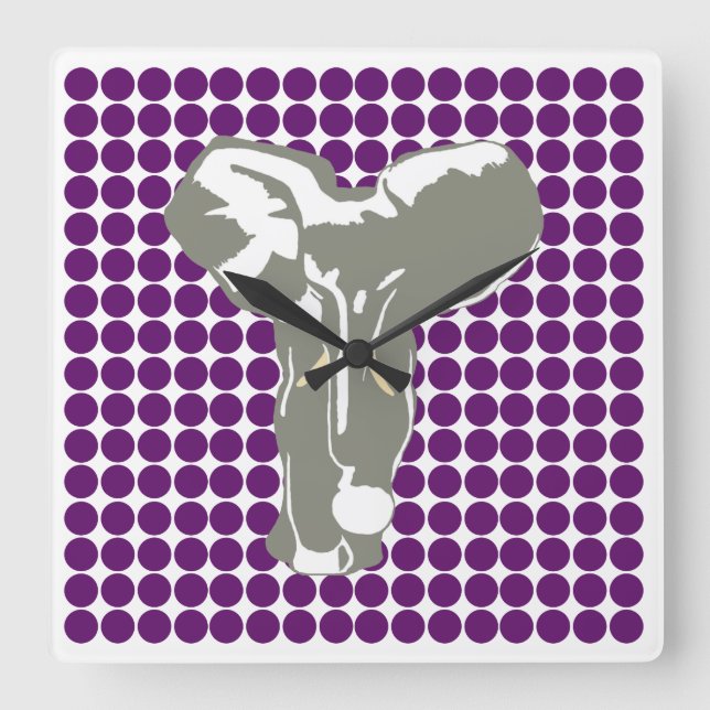 African Violet Safari Dot with Pop Art Elephant Square Wall Clock (Front)