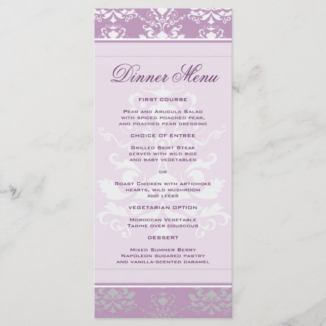 African Violet & Silver Damask Slim Dinner Menu (Front)