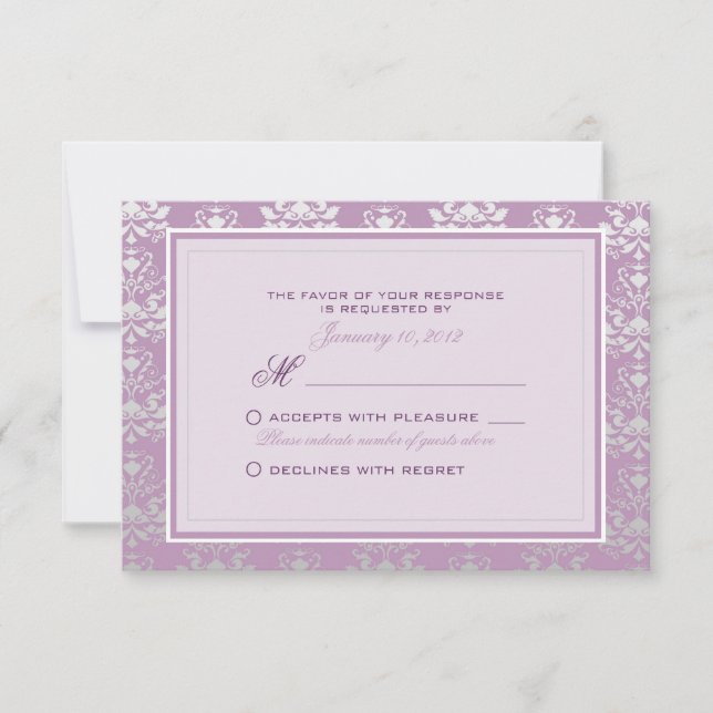 African Violet & Silver Damask Wedding RSVP Custom Card (Front)