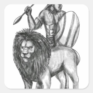 African Warrior Spear Lion Tattoo Square Sticker