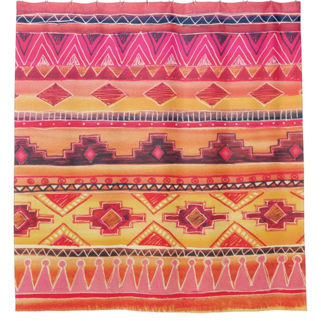 African watercolor, vibrant pattern shower curtain (Front)
