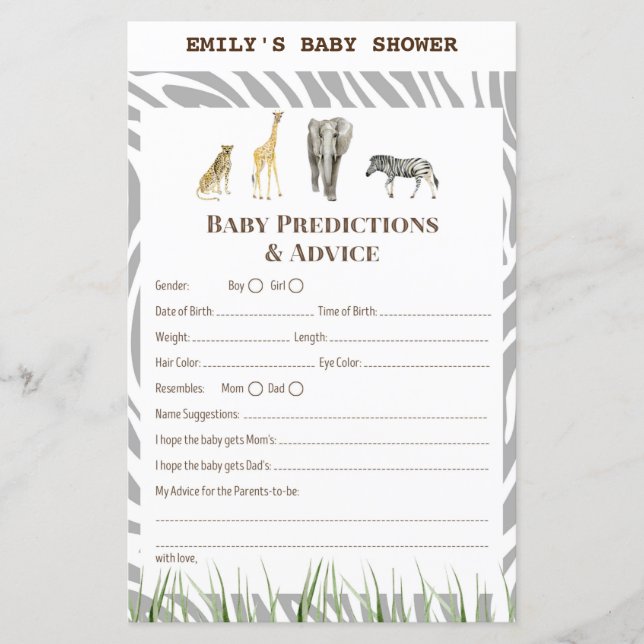 African Wild Baby Shower Game PRINTED (Front)