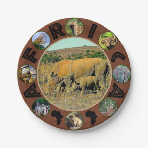African Wildlife Circle Collage Rhino Reeds Paper Plate