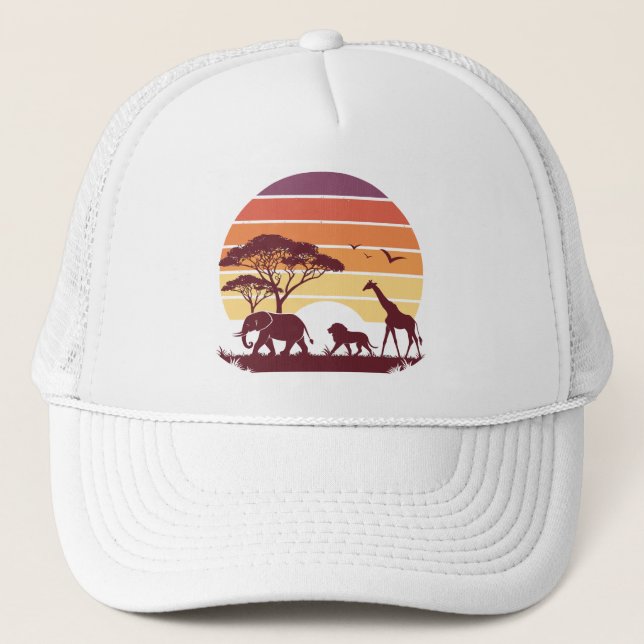 African Wildlife Silhouette Safari Design Trucker Hat (Front)