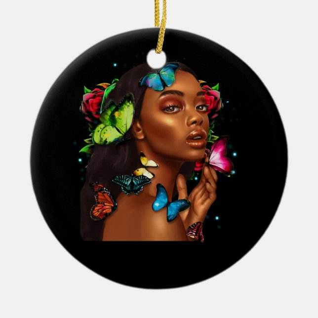 African Woman Afro American Butterflies Women Ceramic Ornament (Front)