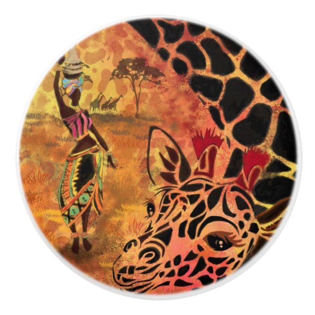 African Woman and Giraffe Ceramic Knob (Front)