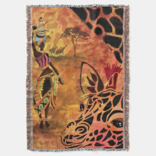 African Woman and Giraffe Throw Blanket