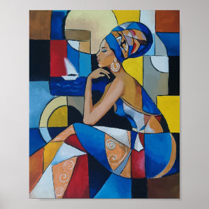 African Woman by the Sea Abstract Cubism Portrait Poster