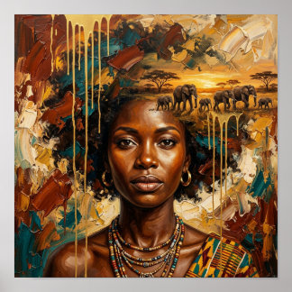 African Woman Elephant Sunset,Black Woman Wall Art