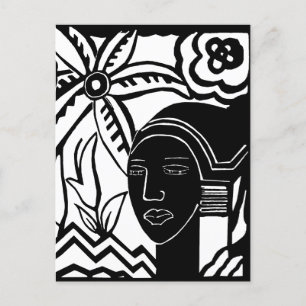 african woman jungle abstract black ink art postcard