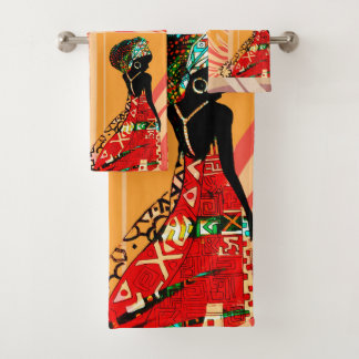 African Woman Orange Abstract Bathroom Towel Set