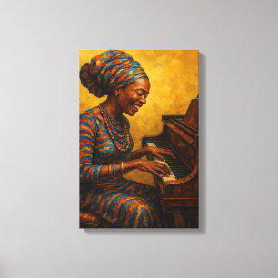 African Woman Playing Piano with Joyful Expression Canvas Print
