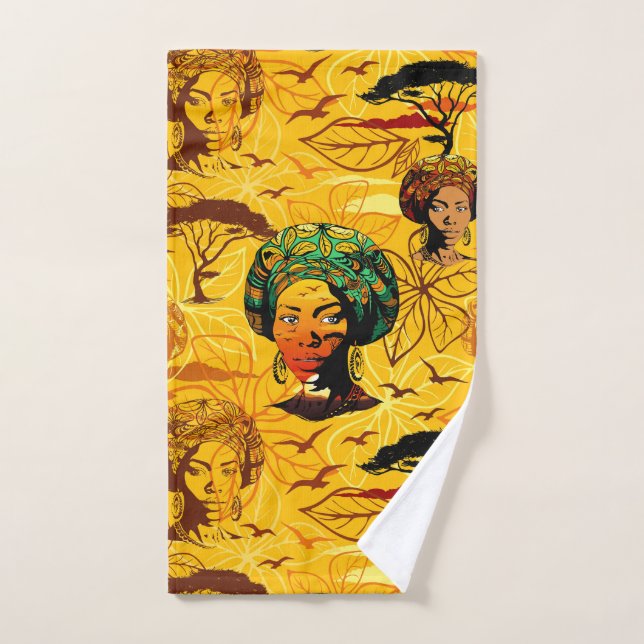 African Woman Portrait with Sunset Bath Towel Set (Hand Towel)