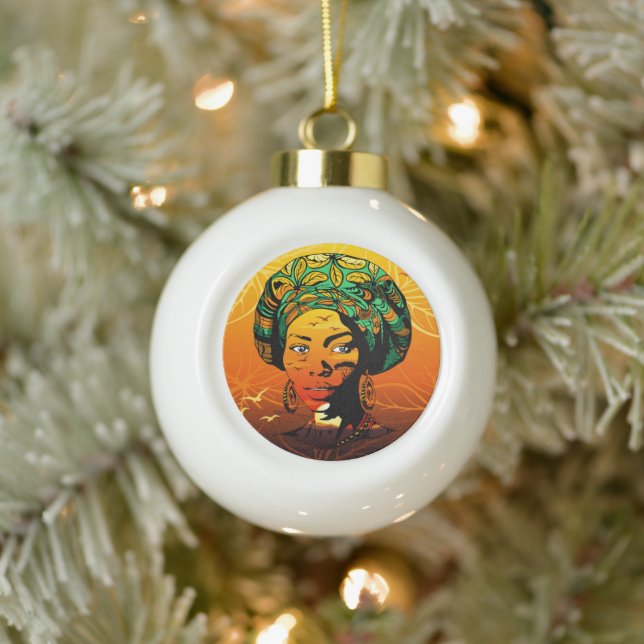 African Woman Portrait with Sunset Ceramic Ball Christmas Ornament (Tree)