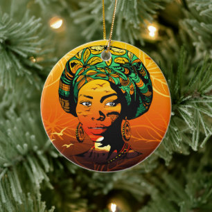 African Woman Portrait with Sunset Ceramic Ornament