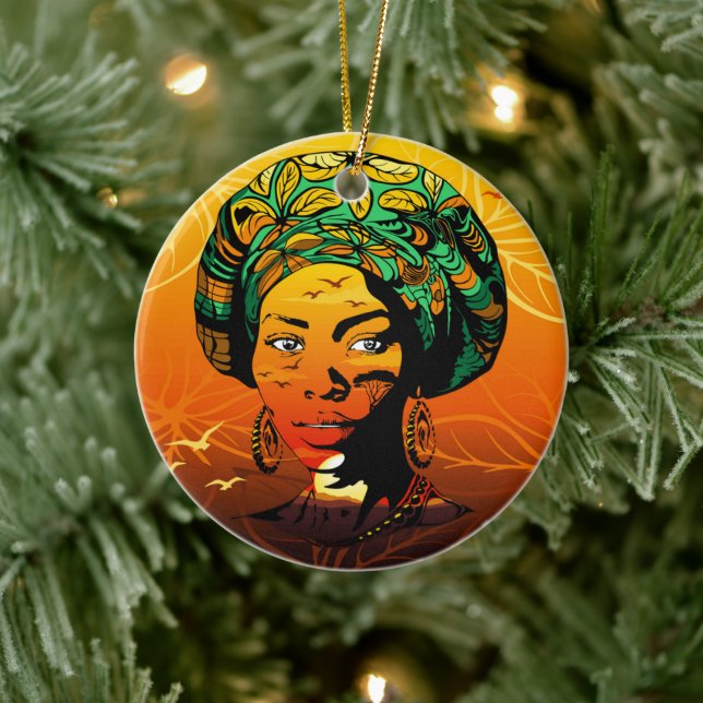 African Woman Portrait with Sunset Ceramic Ornament (Tree)