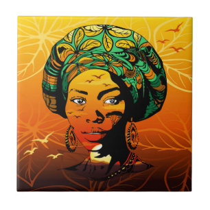 African Woman Portrait with Sunset Ceramic Tile