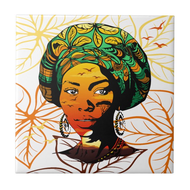 African Woman Portrait with Sunset Ceramic Tile (Front)