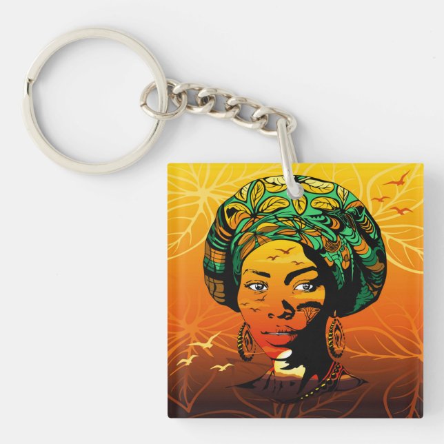 African Woman Portrait with Sunset Key Ring (Front)