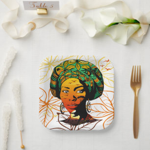 African Woman Portrait with Sunset Paper Plate