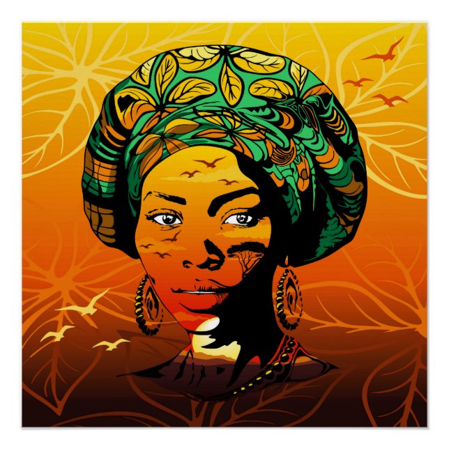 African Woman Portrait with Sunset Poster (Front)