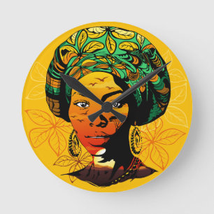 African Woman Portrait with Sunset Round Clock