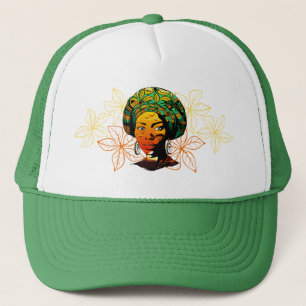 African Woman Portrait with Sunset Trucker Hat