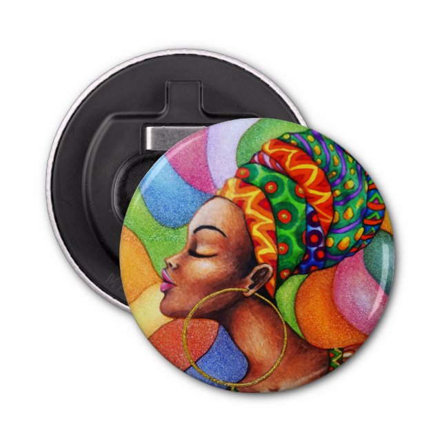 African Woman with Wax Traditional Fabric Bottle Opener (Front)