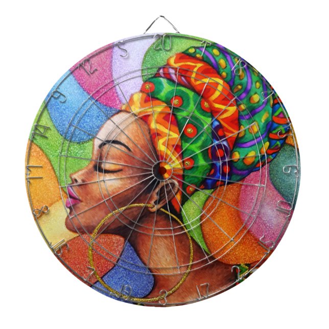 African Woman with Wax Traditional Fabric Dartboard (Front)