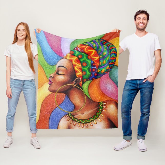 African Woman with Wax Traditional Fabric Fleece Blanket (In Situ)