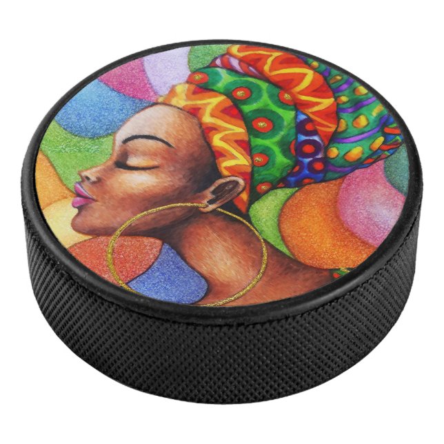 African Woman with Wax Traditional Fabric Hockey Puck (3/4)