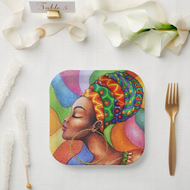 African Woman with Wax Traditional Fabric Paper Plate (Wedding)