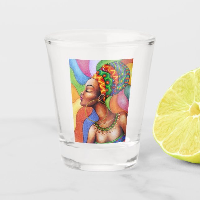 African Woman with Wax Traditional Fabric Shot Glass (Front)