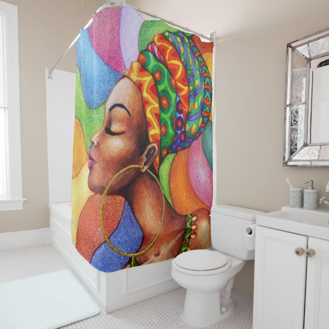 African Woman with Wax Traditional Fabric Shower Curtain (In Situ)