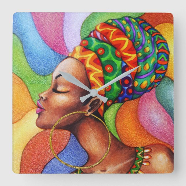 African Woman with Wax Traditional Fabric Square Wall Clock (Front)