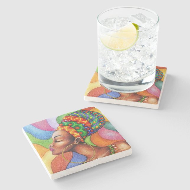 African Woman with Wax Traditional Fabric Stone Coaster (Side)