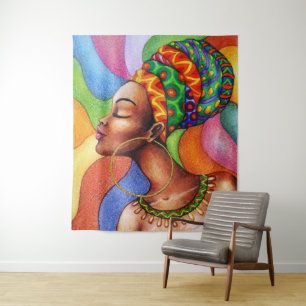 African Woman with Wax Traditional Fabric Tapestry