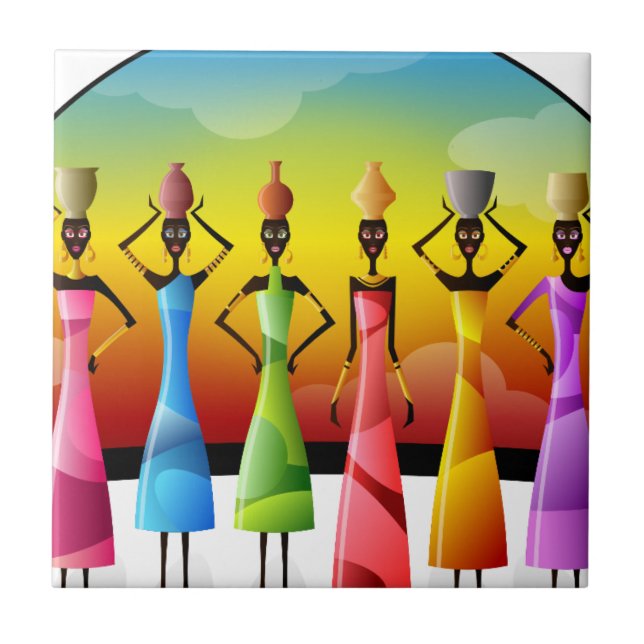 African Women with Pottery on their heads Ceramic Tile (Front)