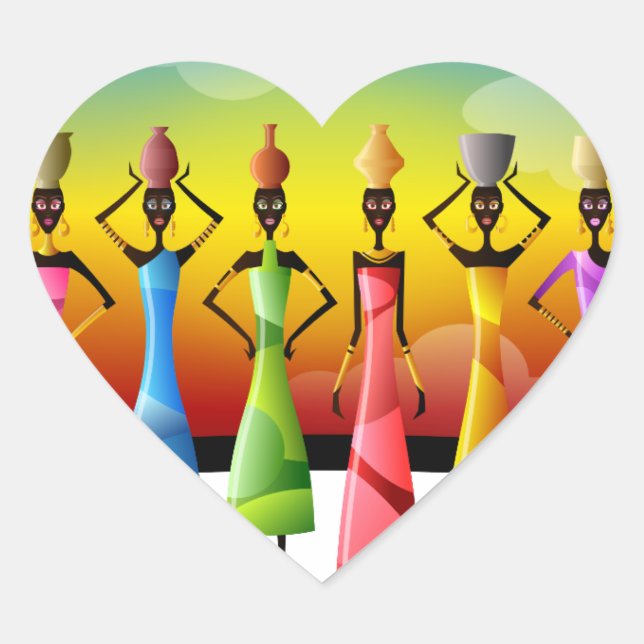 African Women with Pottery on their heads Heart Sticker (Front)
