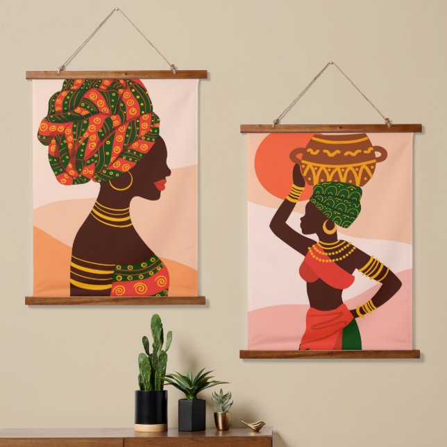 African Women Wood Topped Wall Tapestry (Asymmetrical)
