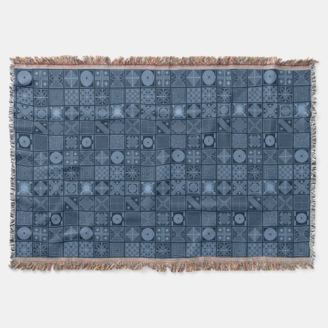 African Yoruba Blue & Black Geometrical Pattern Throw Blanket (Front)