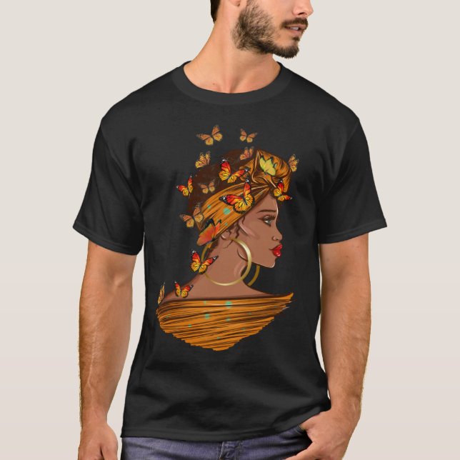 Afro African Woman Butterflies Black Queen History T-Shirt (Front)
